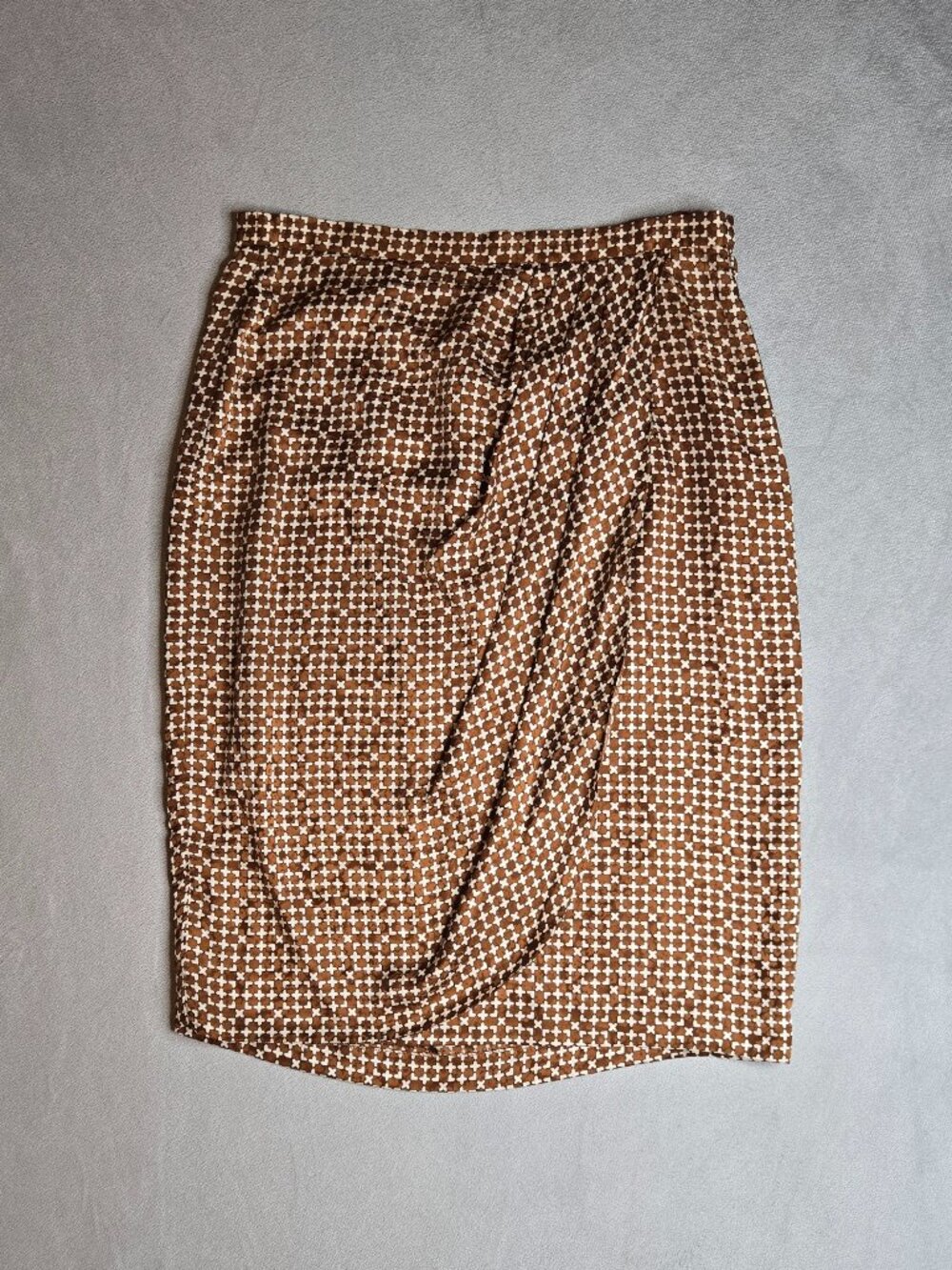 Vintage Julie Francis 100% Silk Draped Pencil Skirt Brown Pattern - Excellent Co